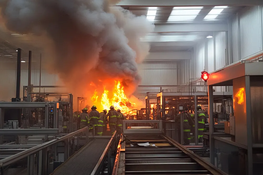 Flames engulf machinery inside a manufacturing plant as firefighters engage in a heroic battle against the fire. Smoke fills the air, highlighting the urgency of the situation.